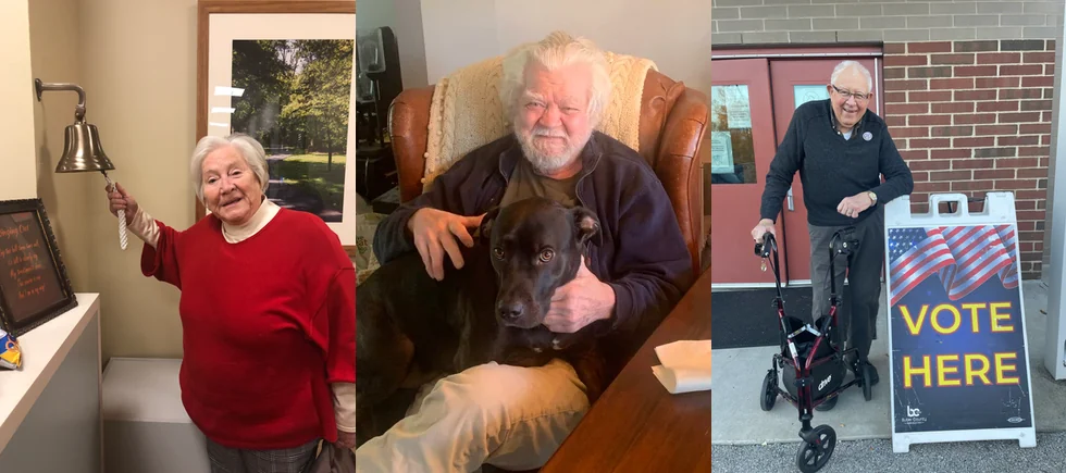 Three companions: one ringing a bell, one with his dog, and one outside a polling place