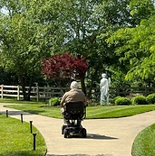 A companion riding a scooter along a garden path